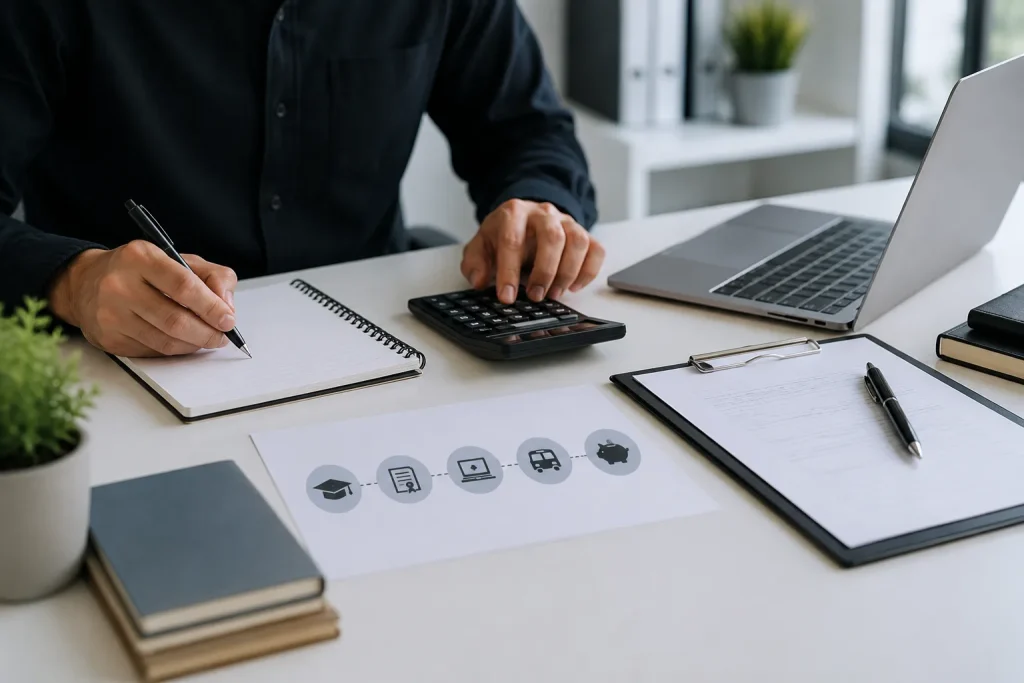 Arbeitsplatz mit Laptop und Lernmaterial zur Veranschaulichung möglicher 34a Sachkunde Kosten für Vorbereitung Prüfung und Online Teilnahme
