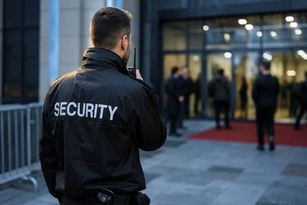 Security Mitarbeiter mit Funkgerät bei einer Zugangskontrolle im Rahmen der §34a Sachkunde im Sicherheitsdienst