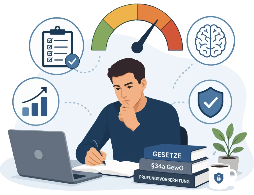 Illustration zur §34a Sachkundeprüfung Online Weiterbildung mit Prüfungsvorbereitung und Lernsymbolen