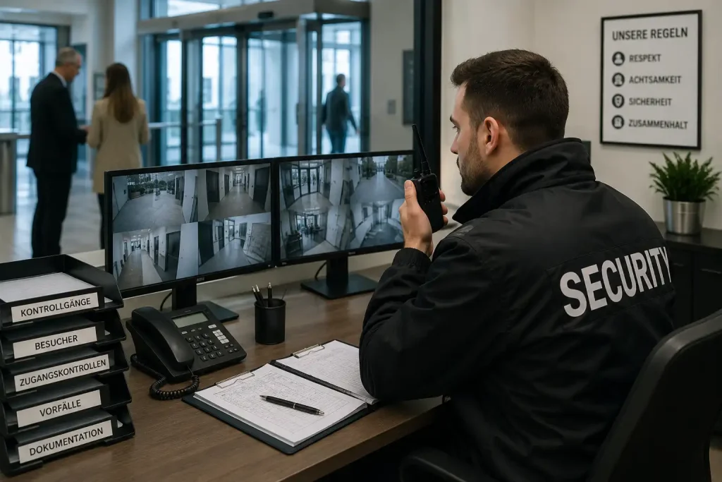 Security Mitarbeiter überwacht Kameras und dokumentiert Kontrollgänge im Sicherheitsdienst