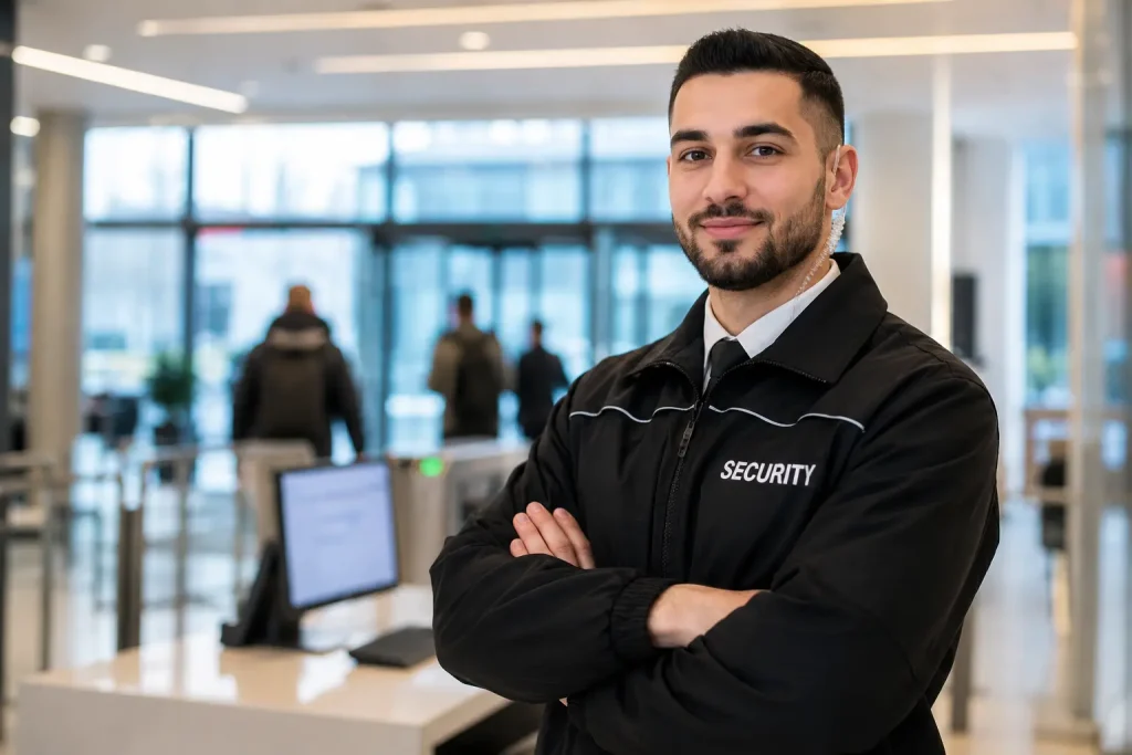 Security Mitarbeiter in modernem Empfangsbereich eines Unternehmens