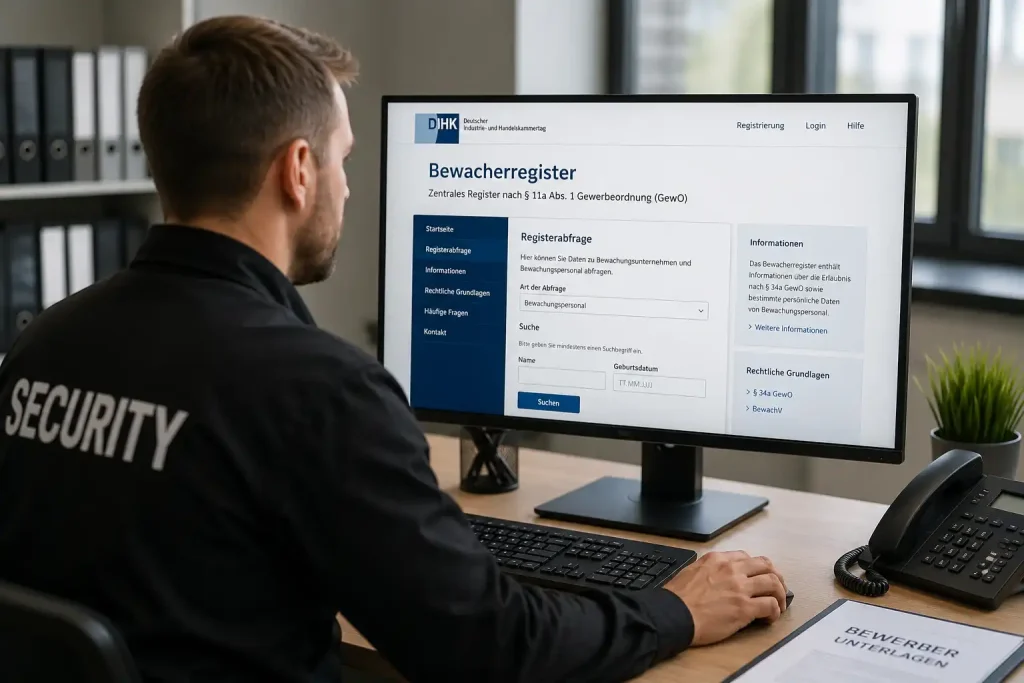 Security Mitarbeiter prüft Einträge im Bewacherregister für das Bewachungsgewerbe