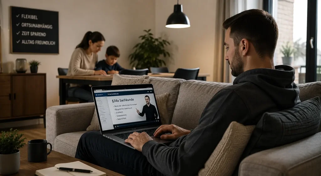 Teilnehmer absolviert eine Online Security Weiterbildung flexibel von Zuhause neben dem Familienalltag