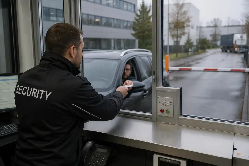Sicherheitsmitarbeiter im Pfortendienst bei einer Zufahrtskontrolle