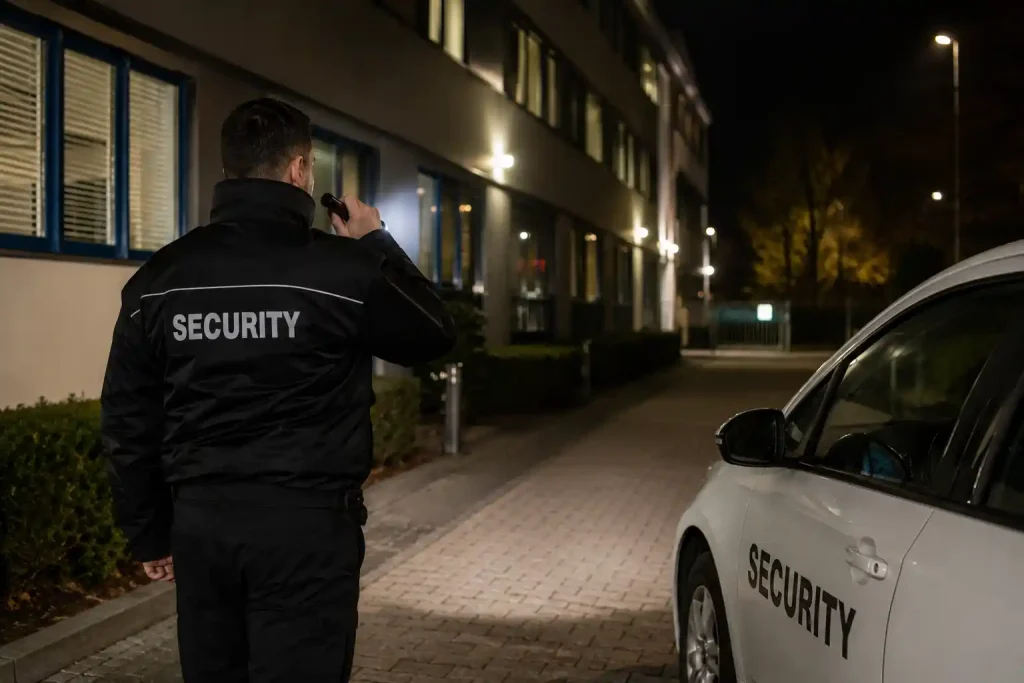 Sicherheitsmitarbeiter im Revierdienst bei einer nächtlichen Kontrollfahrt
