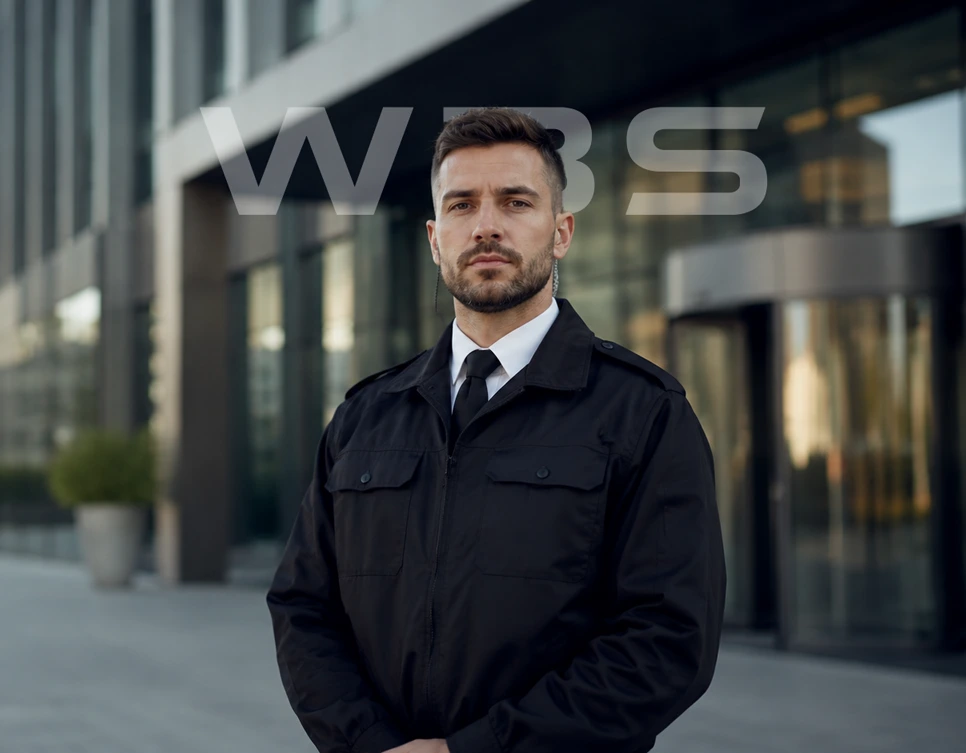 Security Mitarbeiter vor modernem Bürogebäude für Security Weiterbildung und Sicherheitsdienst