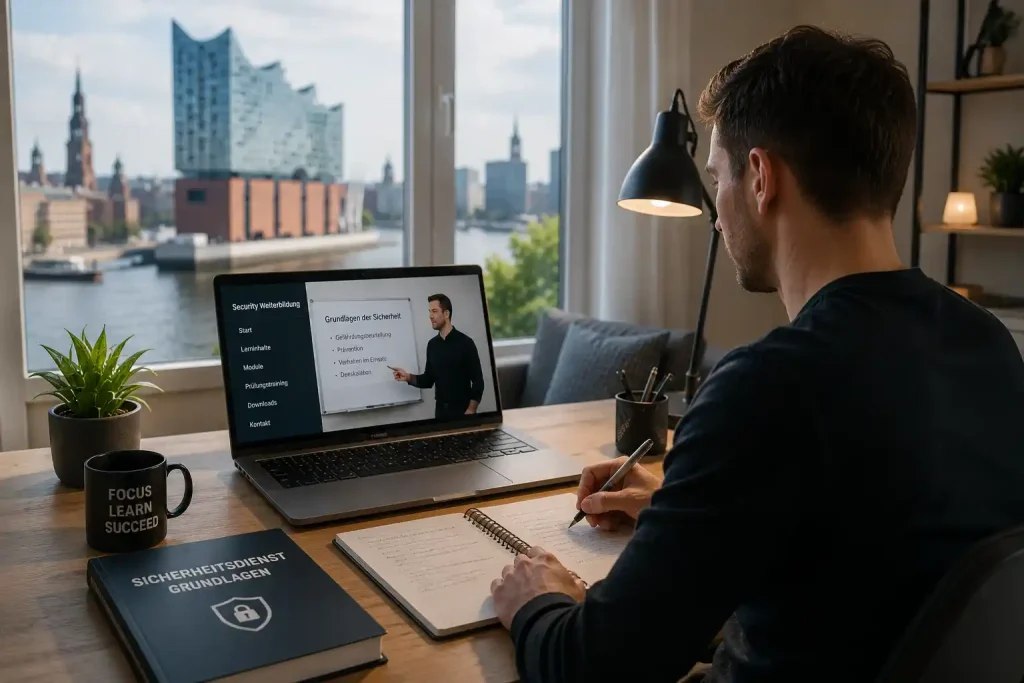 Teilnehmer absolviert Security Weiterbildung Hamburg online von Zuhause am Laptop