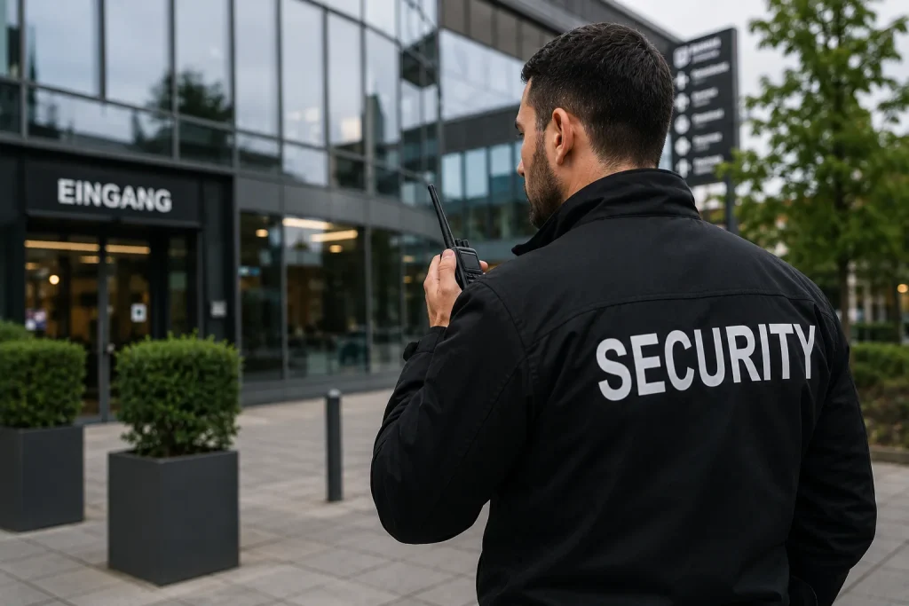 Security Mitarbeiter vor modernem Bürogebäude im Bereich Objektschutz