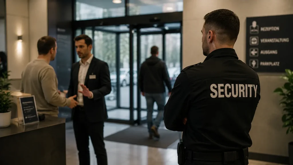 Security Mitarbeiter beobachtet professionell eine Konfliktsituation in einer Lobby