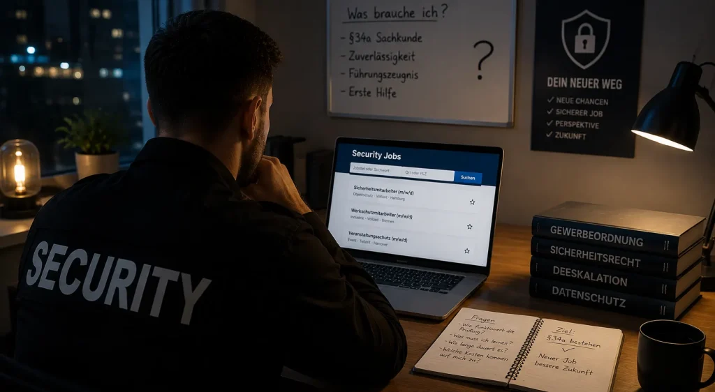 Security Mitarbeiter informiert sich online über den Einstieg in die Sicherheitsbranche und die §34a Sachkundeprüfung