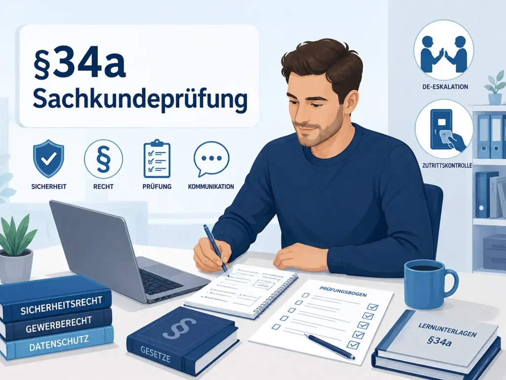 Illustration zur §34a Sachkundeprüfung mit Lernunterlagen, Prüfungsbogen und Themen wie Recht, Sicherheit, Kommunikation und Deeskalation
