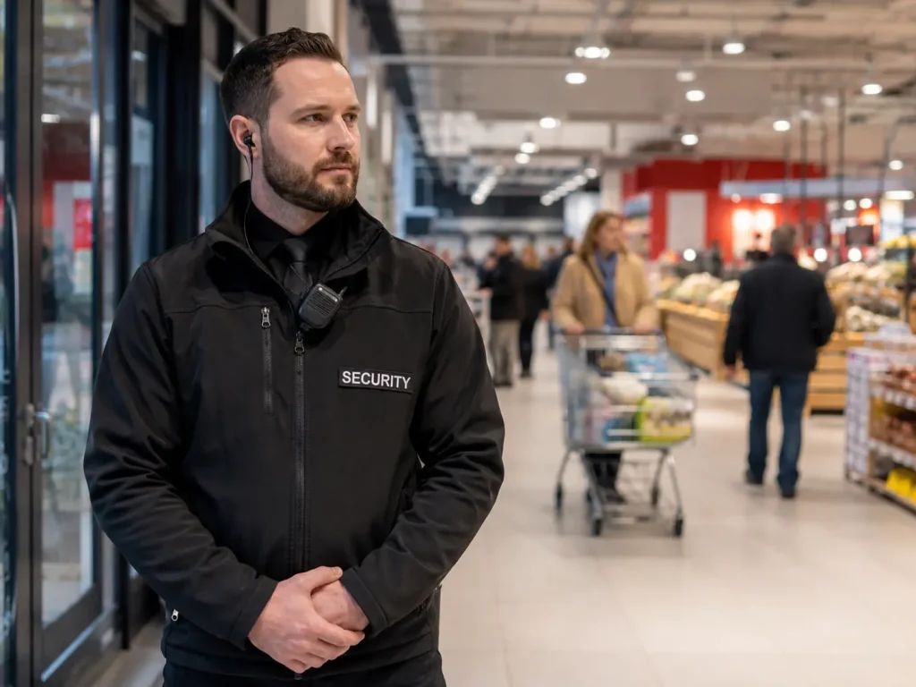 Security Mitarbeiter im Einzelhandel als Beispiel für berufliche Einsatzbereiche nach einer Security Weiterbildung in Lüneburg online