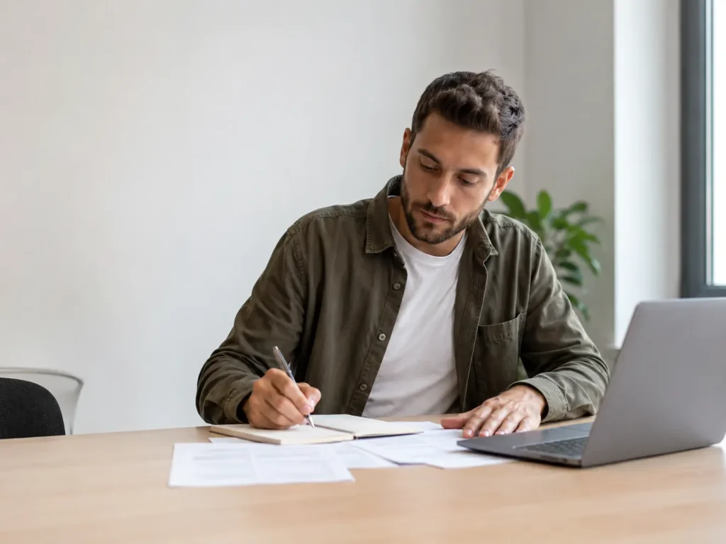 Quereinsteiger lernt am Laptop für den Security Kurs Duisburg und macht Notizen