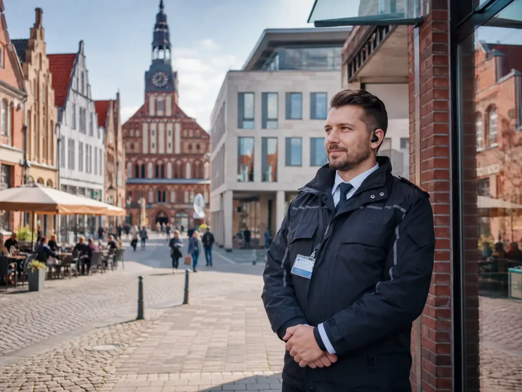 Security Mitarbeiter in der historischen Innenstadt von Lüneburg als Beispiel für Einsatzbereiche nach einer Security Weiterbildung online
