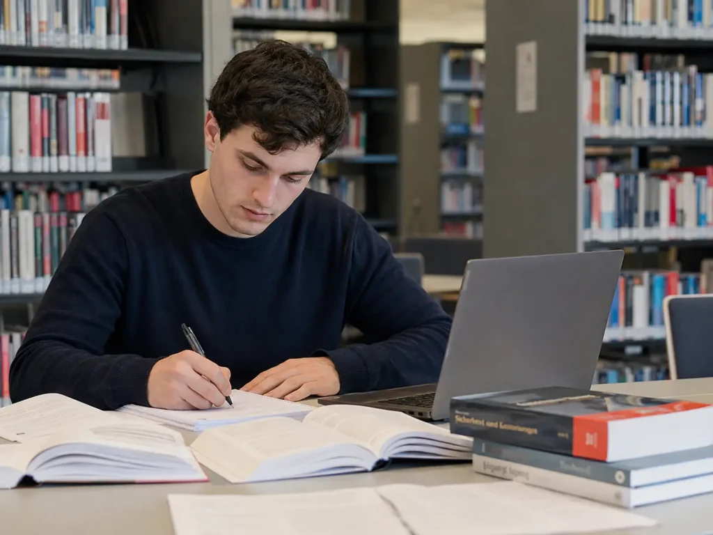 Teilnehmer lernt in einer Bibliothek Theorie für die Security Prüfung und bereitet sich auf die §34a Sachkunde vor