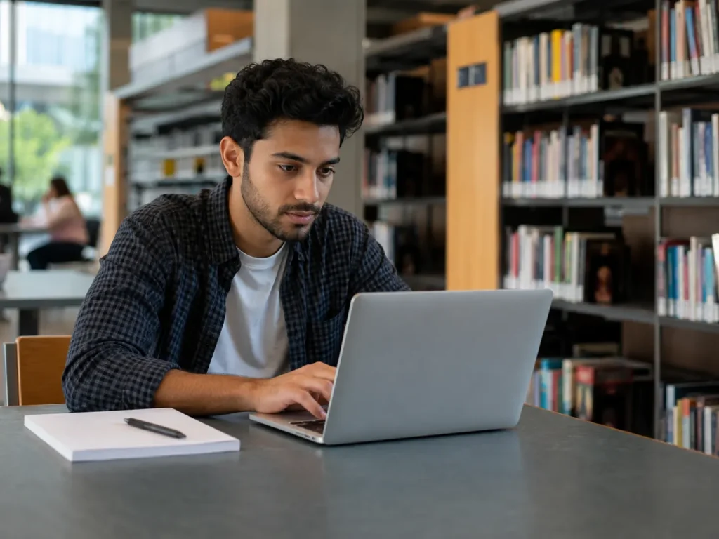 Teilnehmer lernt in einer Bibliothek am MacBook online für die Security Weiterbildung Düsseldorf online