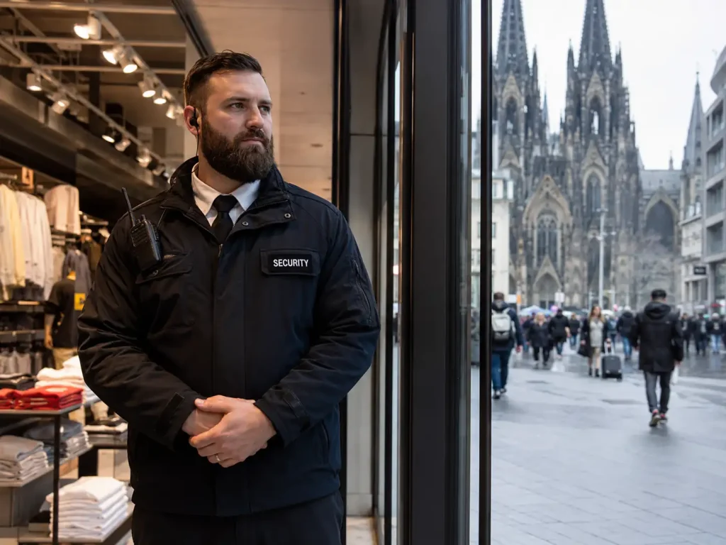 Security Mitarbeiter mit Bart in einem Geschäft nahe dem Kölner Dom als Beispiel für Security Weiterbildung Köln online