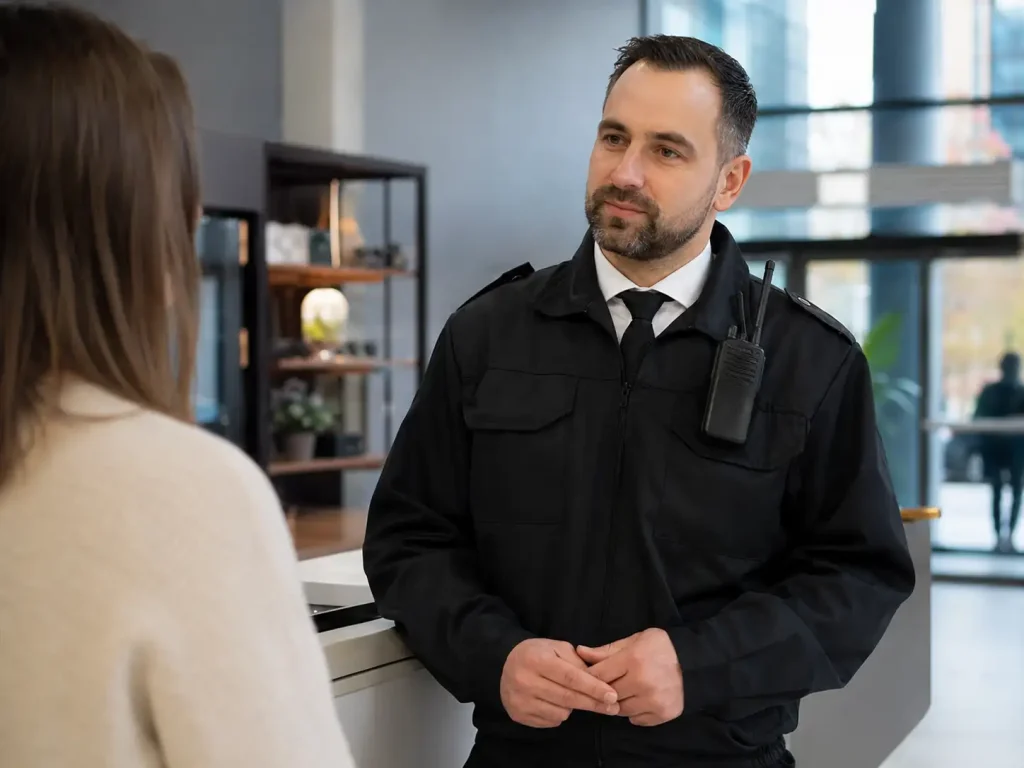 Security Mitarbeiter spricht ruhig mit einer Besucherin am Empfang als Beispiel für Quereinsteiger nach einer Security Weiterbildung Köln online